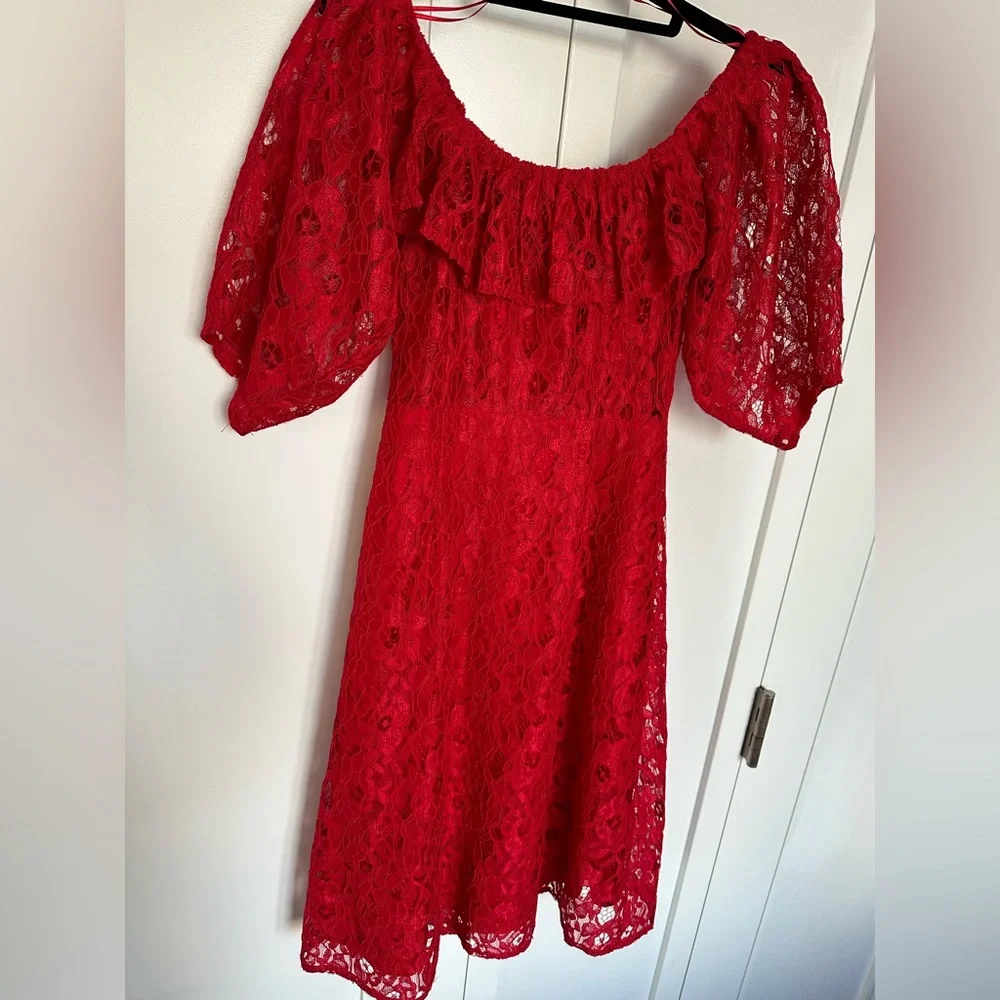 Zara Red Lace Midi Dress Button Down Size M Off-shoulder A Line Dress - Picture 12 of 15